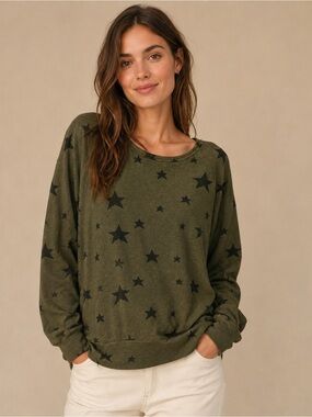 Buffalo David Bitton Olive Green Star Print Crewneck Sweater Size Large